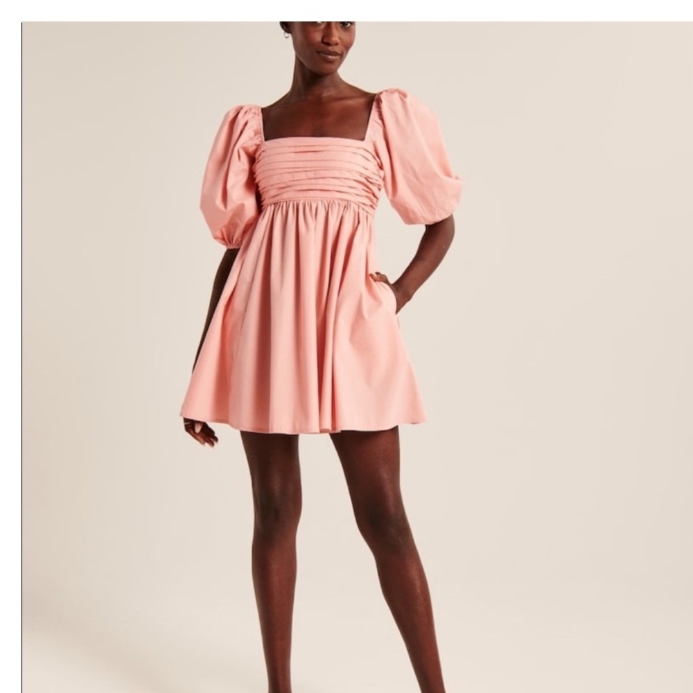 Abercrombie & Fitch Emerson Poplin Puff Sleeve Mini Dress Coral Pink Large